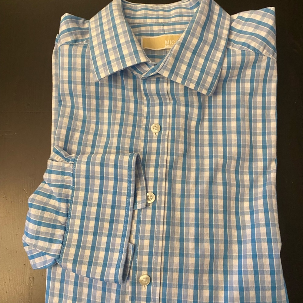 Michael Kors Blue Plaid Men's Button Down Dress Shirt Size 16 1/2 (34-35)